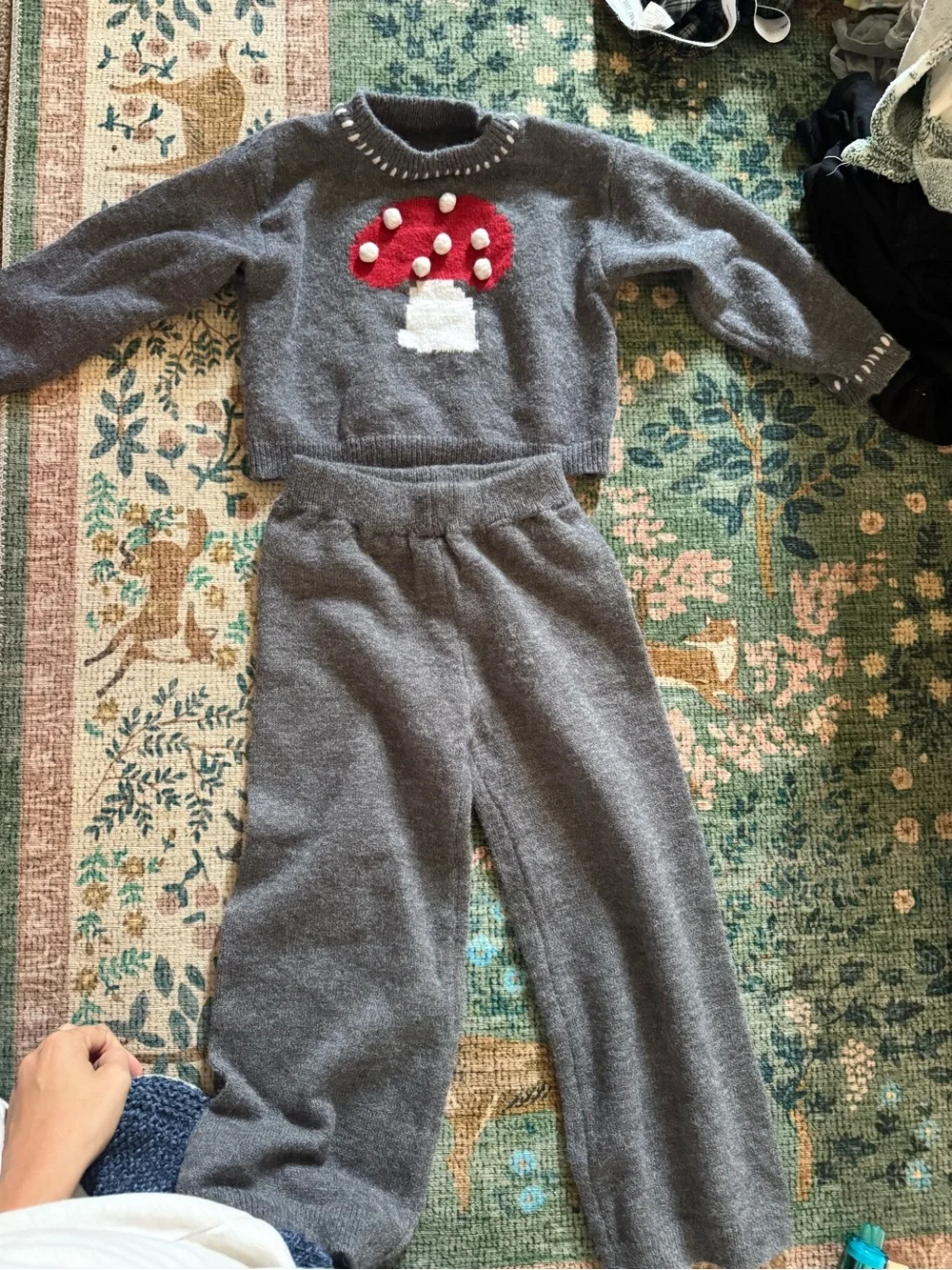 Gray Knit Kids Sweatpants & Joggers Set with Red Mushroom Detail